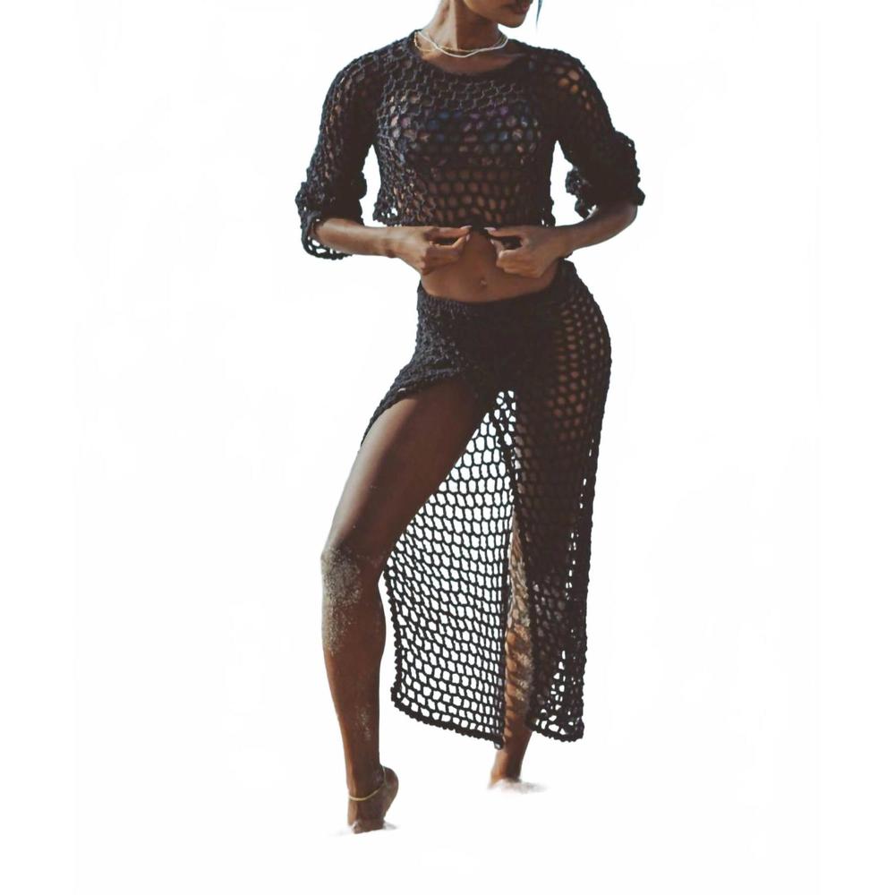 NEW SOAH women's alessia long crochet skirt in black